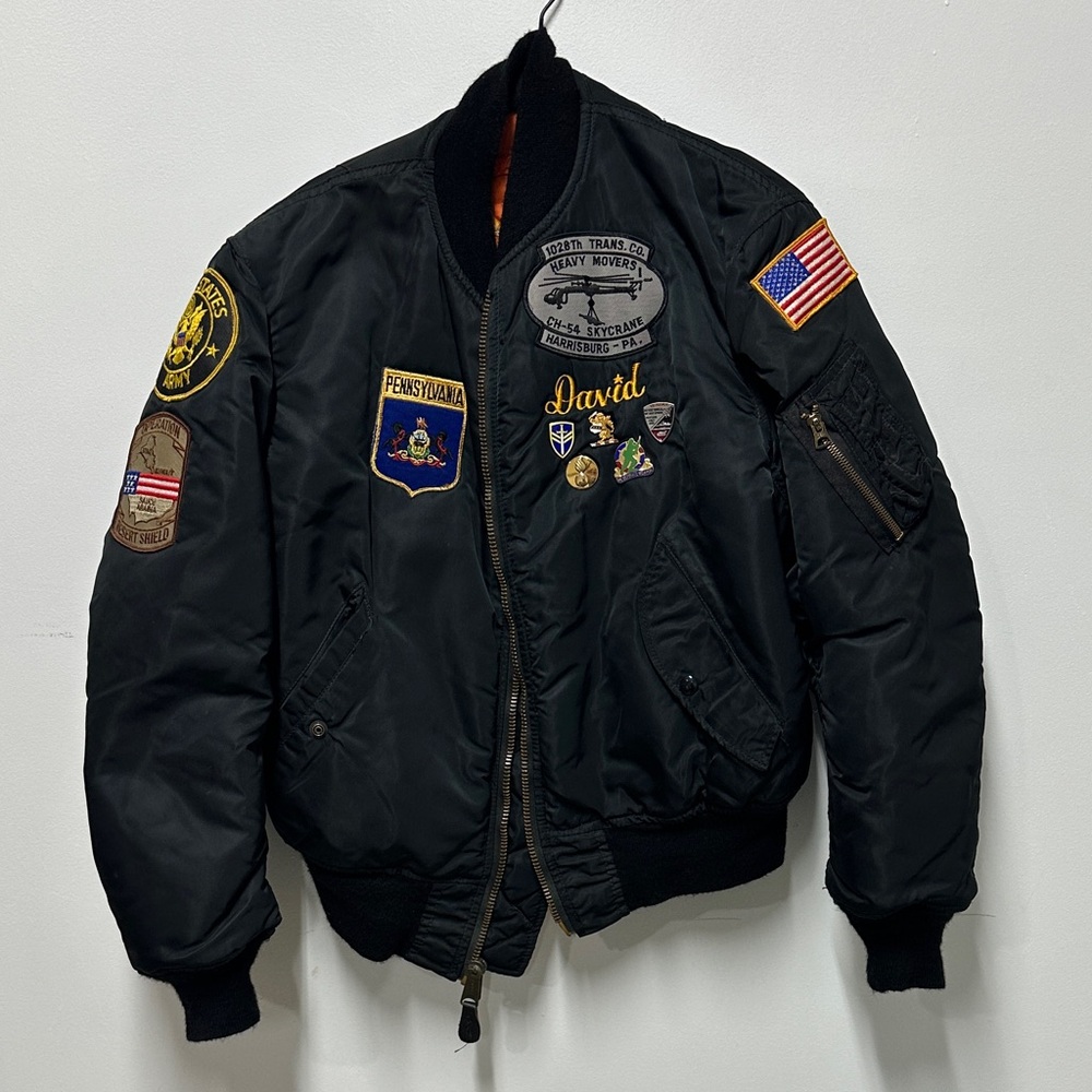 Vintage Black US Army Flight Jacket With Back Patch Sz L
